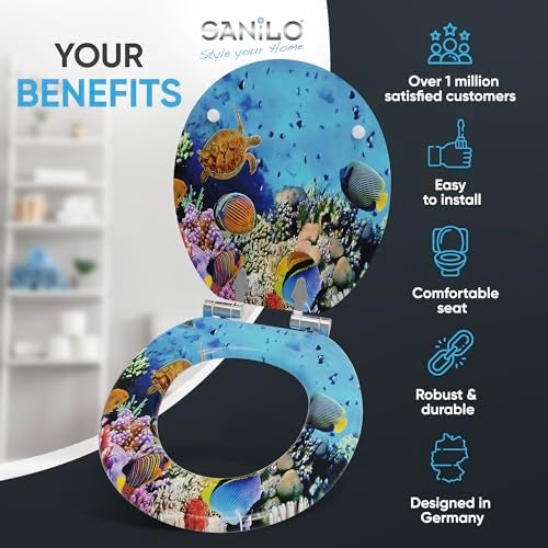 SANILO Wooden Toilet Seat with Soft Close [ROUND] - Decorative, Quiet & Slow Close Molded Wood Seat - With Strong Bumpers & Hinges - Adjustable Fit – Ocean - Image 2