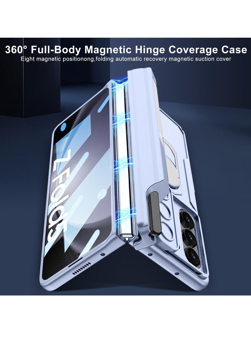 جراب Samsung Galaxy Z Fold 5 بمفصلة مغناطيسية وحامل قلم S وحامل وحماية للكاميرا وواقي شاشة باللون الأزرق - Image 4