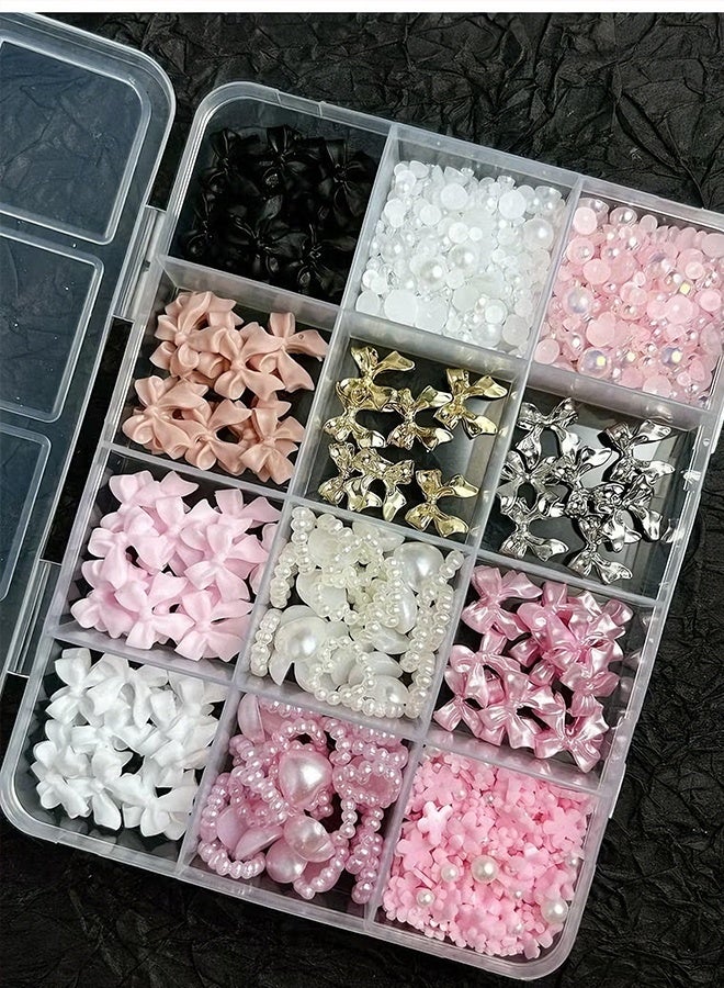 Happy D Nail Art Rhinestones Kit with 12 Grids, 3D Bowknot & Pearl Nail Studs, Moon Star Heart Shapes, for DIY Nail Decoration, with Tweezers & Wax Pencil, for Nails Face Crafts Makeup (Mixed Colors) - Image 3