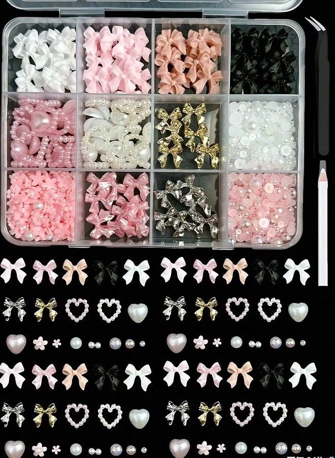 Happy D Nail Art Rhinestones Kit with 12 Grids, 3D Bowknot & Pearl Nail Studs, Moon Star Heart Shapes, for DIY Nail Decoration, with Tweezers & Wax Pencil, for Nails Face Crafts Makeup (Mixed Colors) - Image 4