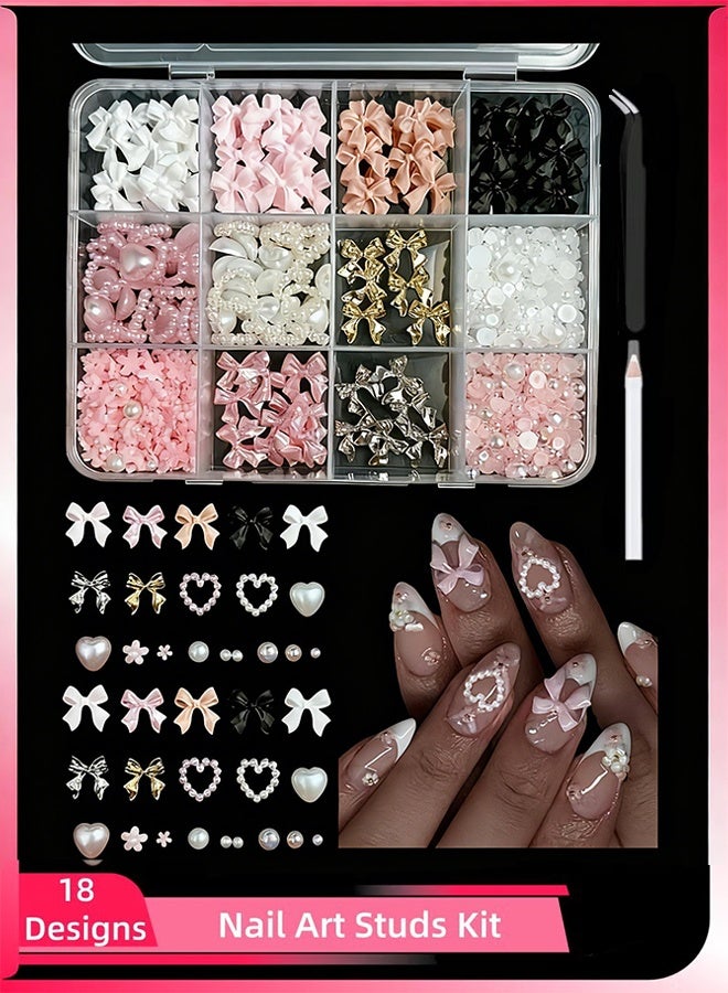 Happy D Nail Art Rhinestones Kit with 12 Grids, 3D Bowknot & Pearl Nail Studs, Moon Star Heart Shapes, for DIY Nail Decoration, with Tweezers & Wax Pencil, for Nails Face Crafts Makeup (Mixed Colors) - Image 1