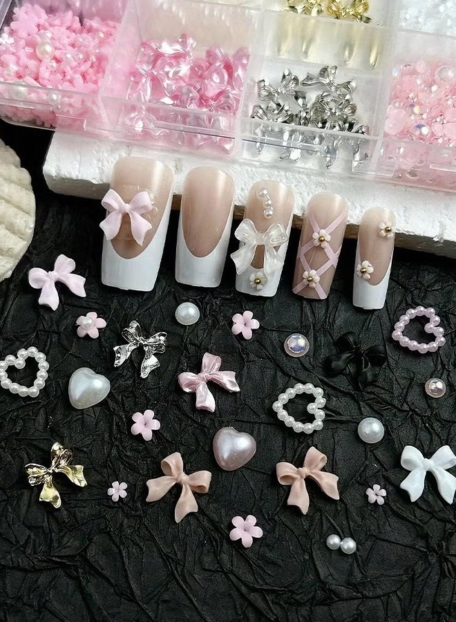Happy D Nail Art Rhinestones Kit with 12 Grids, 3D Bowknot & Pearl Nail Studs, Moon Star Heart Shapes, for DIY Nail Decoration, with Tweezers & Wax Pencil, for Nails Face Crafts Makeup (Mixed Colors) - Image 2