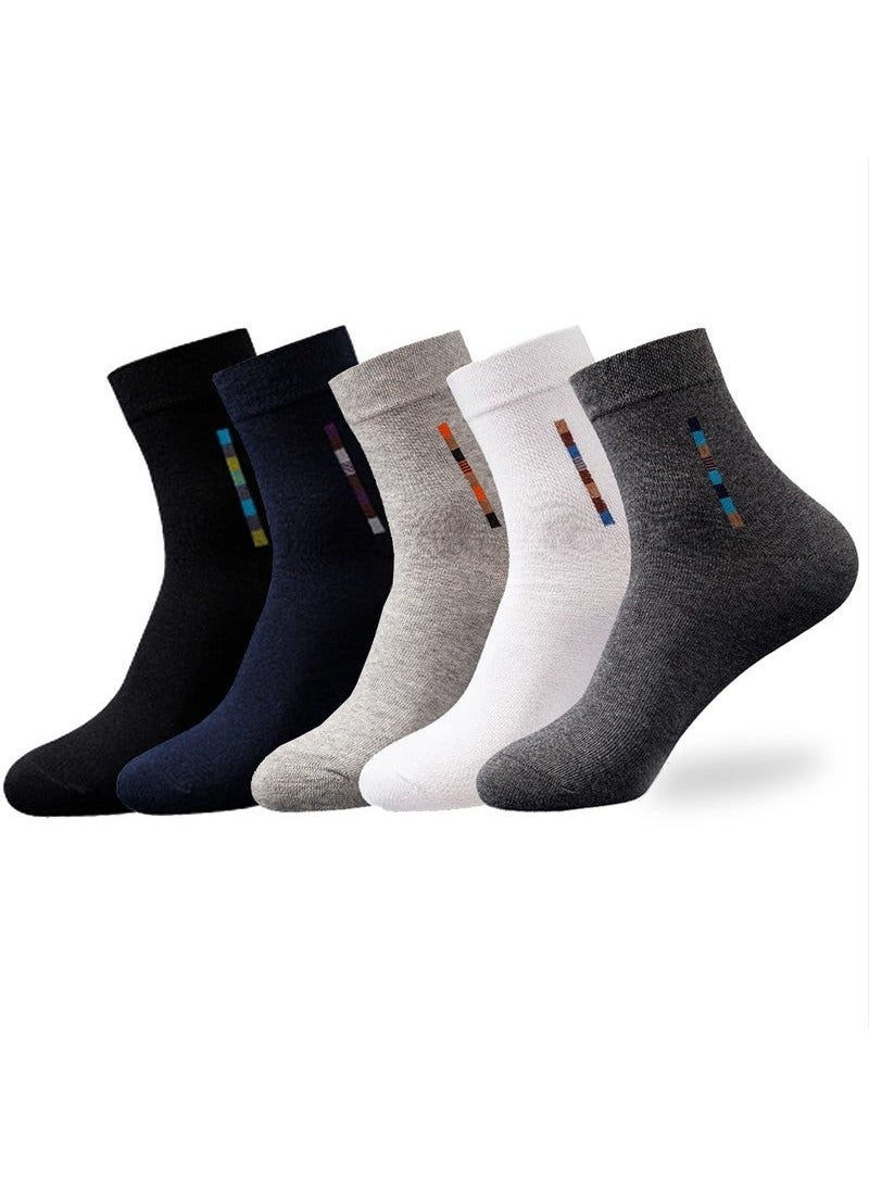 5 Pairs Men's 100% Cotton Crew Socks: Mid-Calf, Dress Socks, Moisture Wicking, Suitable for All Seasons, Striped Pattern in a Variety of Colors for Business Casual Wear - Image 1