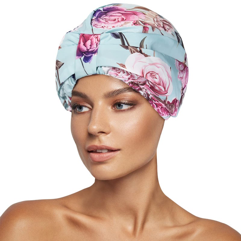 INNELO Luxury Shower Cap for Women Reusable Waterproof Double Layered Shower Hair Cap with Adjustable Elastic Strap Large Satin Lined Shower Bath Cap for Long Curly Straight Hair GreenFlower