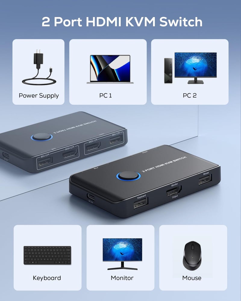 ABLEWE مفتاح KVM HDMI 2 منفذ صندوق، ABLEWE مفتاح USB و HDMI لتمكين 2 كمبيوترات من مشاركة لوحة المفاتيح والفأرة والطابعة وشاشة HD واحدة، يدعم UHD 4K@60Hz، مع 2 كابل USB و 2 كابل HDMI - Image 2