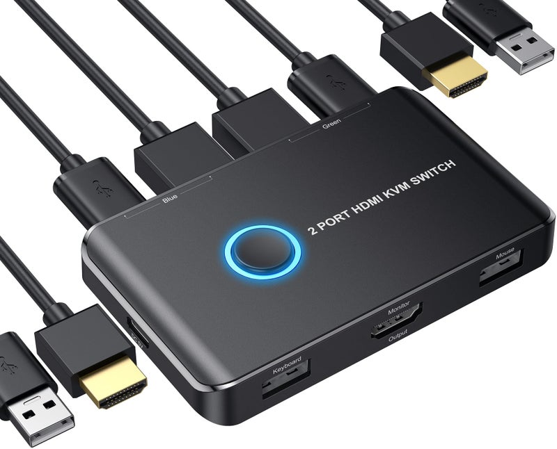 ABLEWE مفتاح KVM HDMI 2 منفذ صندوق، ABLEWE مفتاح USB و HDMI لتمكين 2 كمبيوترات من مشاركة لوحة المفاتيح والفأرة والطابعة وشاشة HD واحدة، يدعم UHD 4K@60Hz، مع 2 كابل USB و 2 كابل HDMI - Image 1