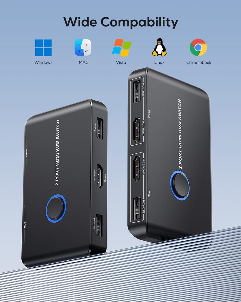 ABLEWE مفتاح KVM HDMI 2 منفذ صندوق، ABLEWE مفتاح USB و HDMI لتمكين 2 كمبيوترات من مشاركة لوحة المفاتيح والفأرة والطابعة وشاشة HD واحدة، يدعم UHD 4K@60Hz، مع 2 كابل USB و 2 كابل HDMI - Image 5