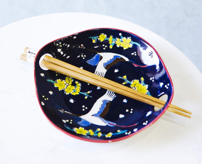 Ebros Gift Ebros White Crane In Midnight Sky Appetizer Snack Serving Coupe Plate Dish With Chopsticks And Built In Rest Set Small Flat Bowl For Hors Doeuvres Sushi Ice Cream Serveware Plates 2 - Image 1