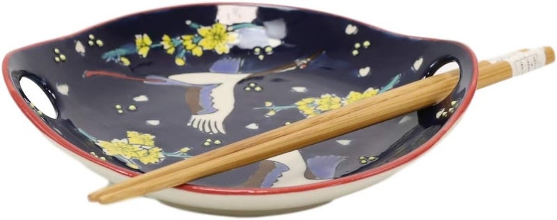 Ebros Gift Ebros White Crane In Midnight Sky Appetizer Snack Serving Coupe Plate Dish With Chopsticks And Built In Rest Set Small Flat Bowl For Hors Doeuvres Sushi Ice Cream Serveware Plates 2 - Image 2