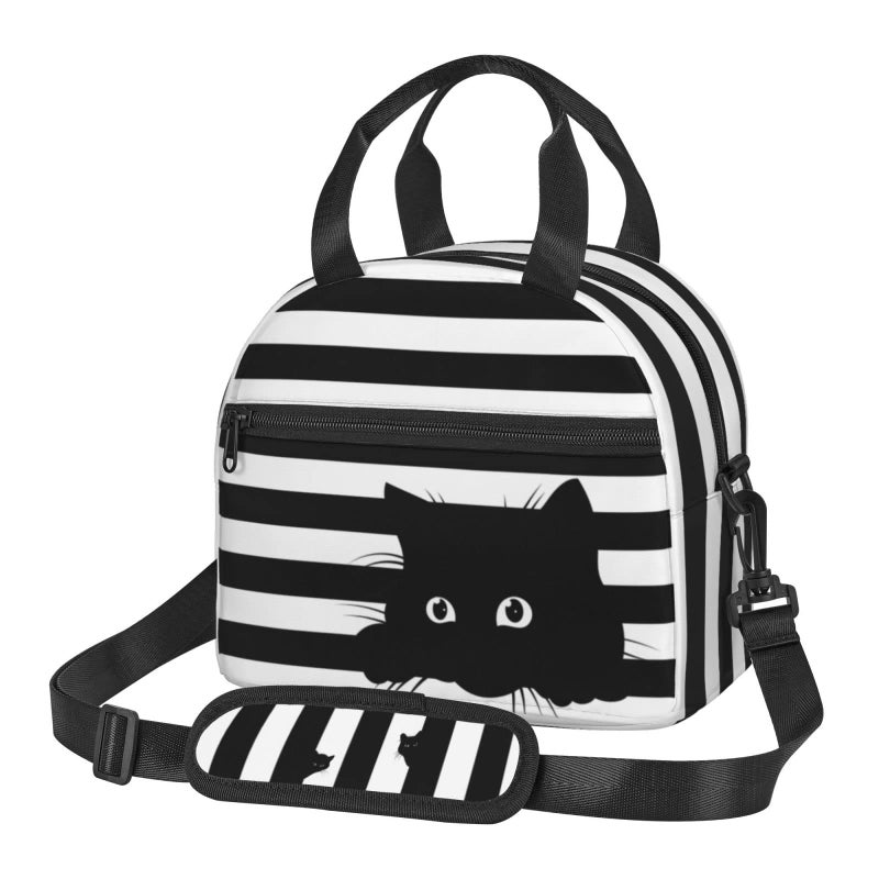 Perinsto Cat Black And White Striped Lunch Bag Reusable Insulated Container With Adjustable Shoulder Strap 9 x 5 x 78 Inches