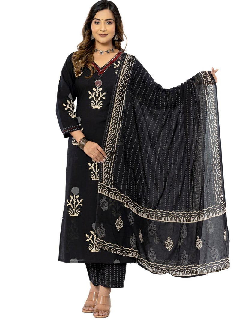 rytras Women's Cotton Printed Straight Kurta with Pant and Dupatta Set(RYT560,Black,XL) - Image 1