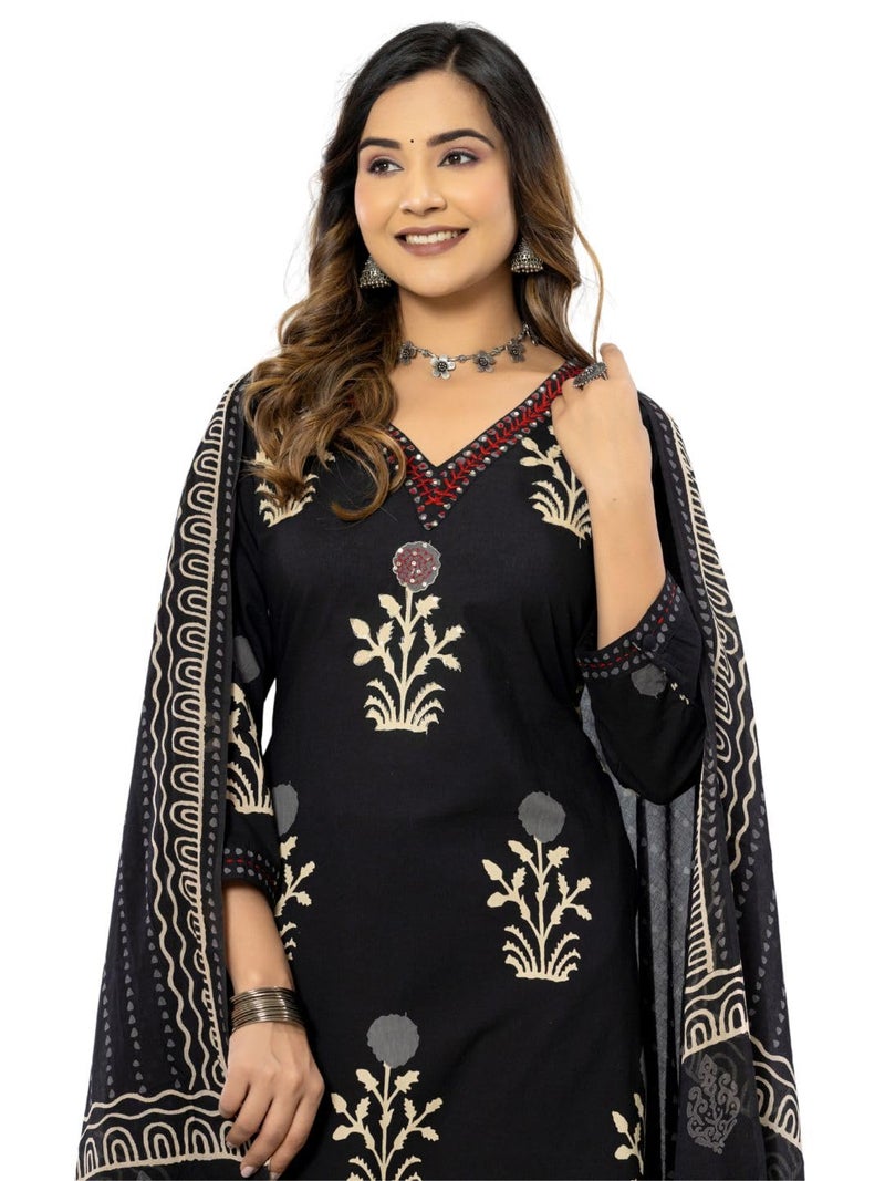 rytras Women's Cotton Printed Straight Kurta with Pant and Dupatta Set(RYT560,Black,XL) - Image 4