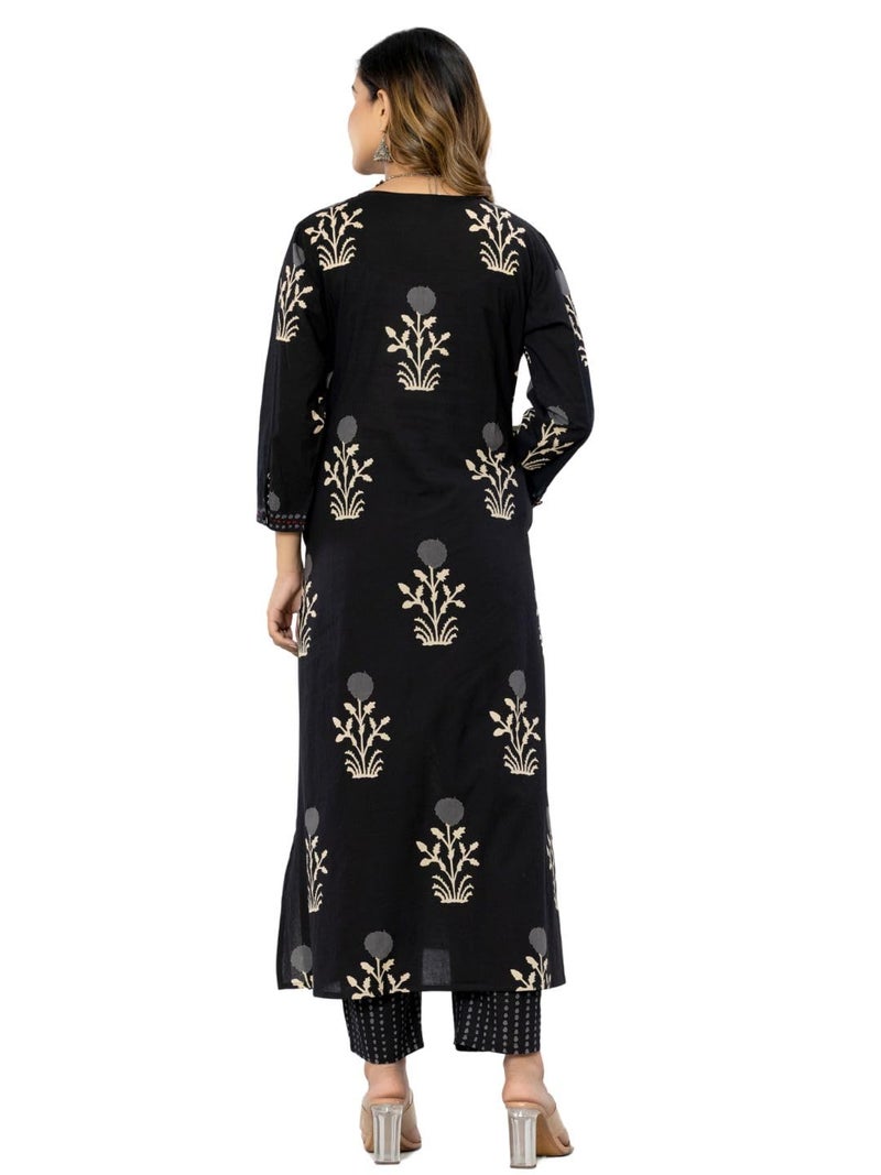 rytras Women's Cotton Printed Straight Kurta with Pant and Dupatta Set(RYT560,Black,XL) - Image 2