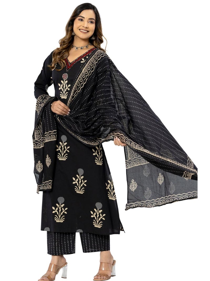 rytras Women's Cotton Printed Straight Kurta with Pant and Dupatta Set(RYT560,Black,XL) - Image 3