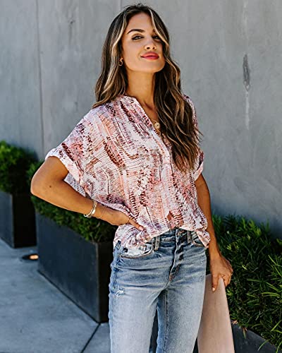 ANCAPELION Women’s Summer Chiffon Blouse Casual Short Sleeve V Neck Shirt Loose Printed Cuffed Sleeve Tunic Tops for Women Light Pink Printed Medium - Image 3