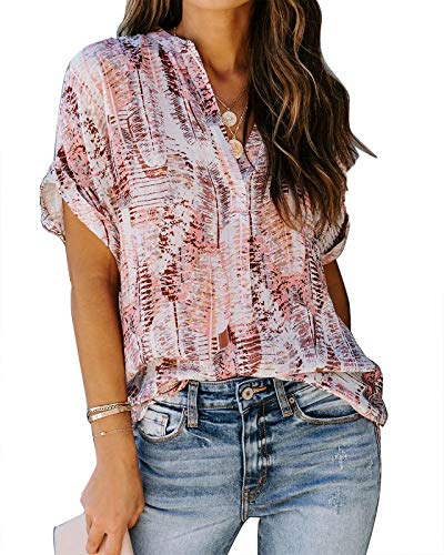 ANCAPELION Women’s Summer Chiffon Blouse Casual Short Sleeve V Neck Shirt Loose Printed Cuffed Sleeve Tunic Tops for Women Light Pink Printed Medium - Image 5