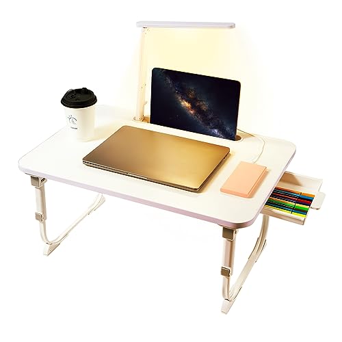 Laptop Desk for Bed Lap Desk with LED Desk Light Adjustable Tablet Bed Table with Foldable Legs Storage Drawer Breakfast Serving Tray Folding Laptop Stand Reading Holder for Sofa Couch Floor WHITE