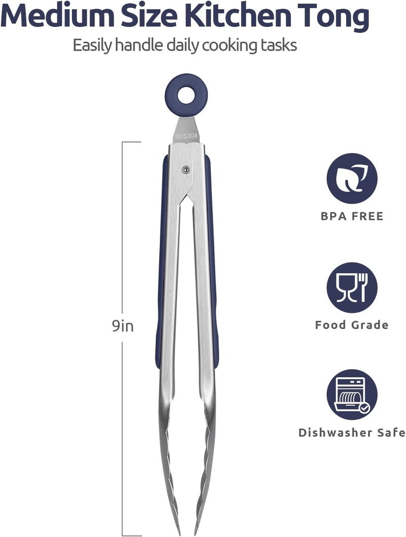 U-Taste Stainless Steel Kitchen Tongs: 23 cm Heat Resistant Cooking Tong with One Piece Sturdy Metal Tips & Non Slip Silicone Coated Handle & Smooth Locking for Serving Food Salad BBQ (Midnight Blue) - Image 2