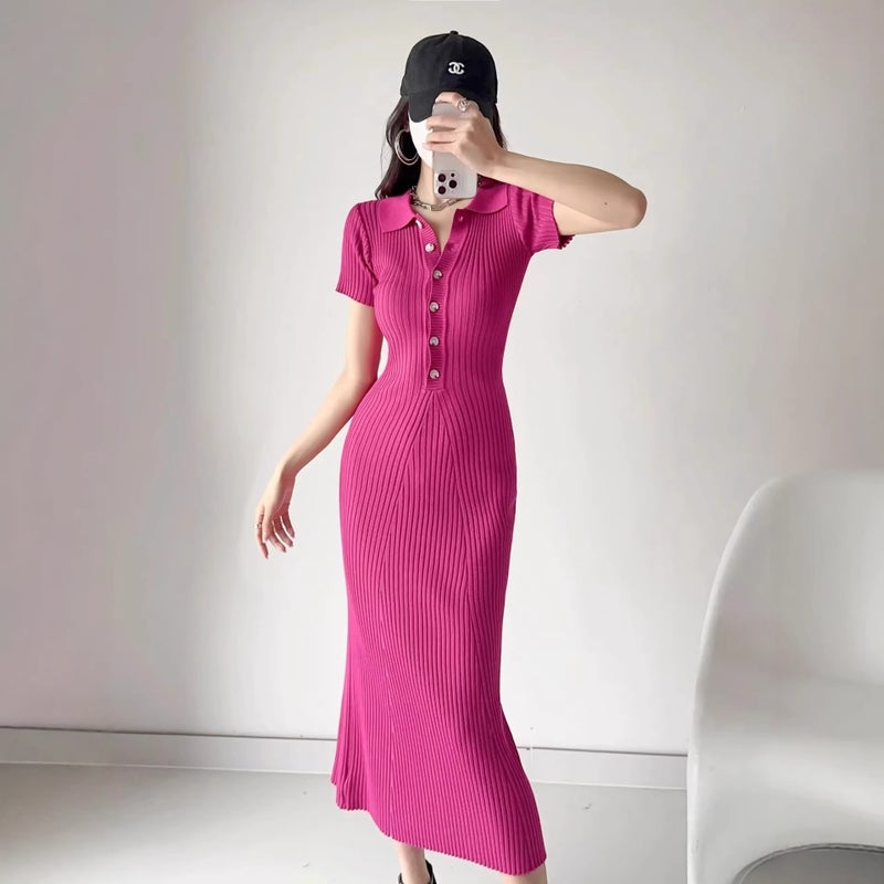 2026 Summer Women's Knitted V-Neck Short Sleeve Bodycon Maxi Dress - Image 2