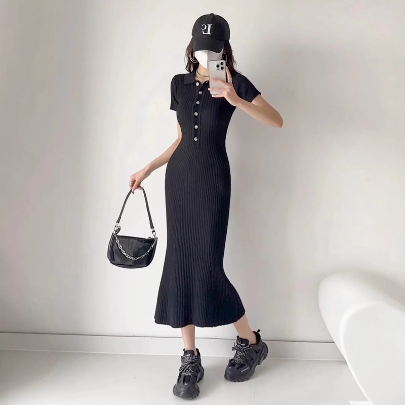 2026 Summer Women's Knitted V-Neck Short Sleeve Bodycon Maxi Dress - Image 4