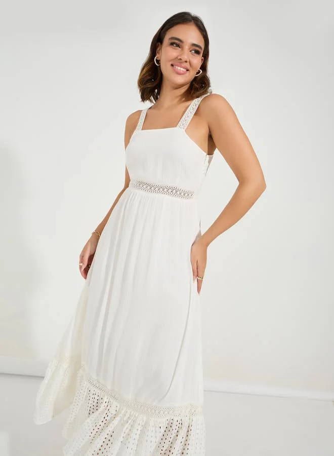 Styli Schiffli Lace Insert Sleeveless A-Line Maxi Dress