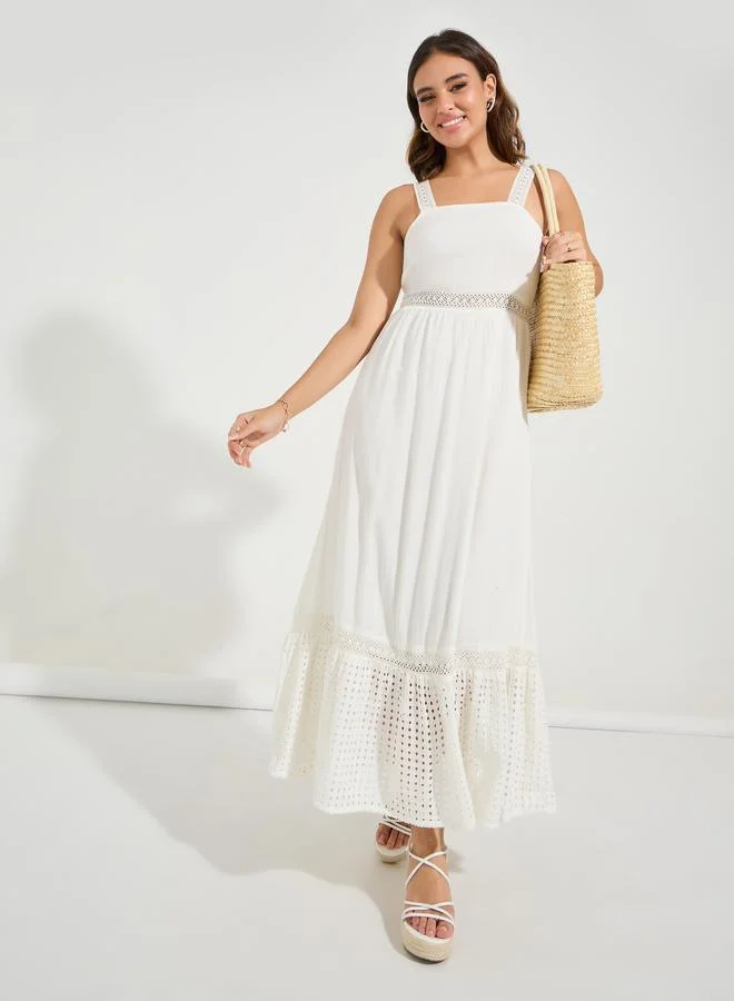 Styli Schiffli Lace Insert Sleeveless A-Line Maxi Dress