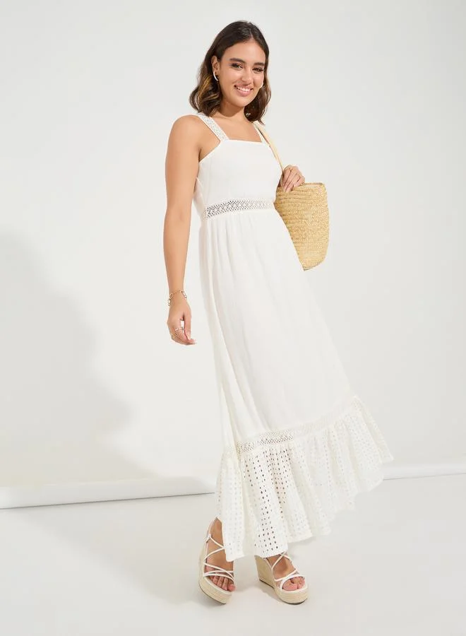Styli Schiffli Lace Insert Sleeveless A-Line Maxi Dress