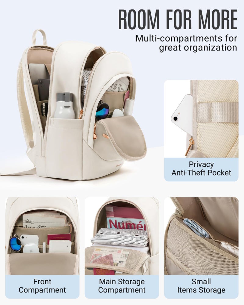 LIGHT FLIGHT Travel Laptop Backpack for Women, 15.6 Inch Backpack with USB Charging Hole, Water Resistant College Bookbag, Large Capacity Black Computer Backpacks for Work, Warm Beige - Image 2