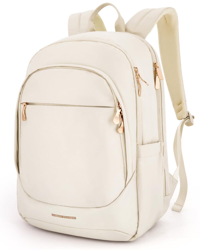 LIGHT FLIGHT Travel Laptop Backpack for Women, 15.6 Inch Backpack with USB Charging Hole, Water Resistant College Bookbag, Large Capacity Black Computer Backpacks for Work, Warm Beige - Image 1