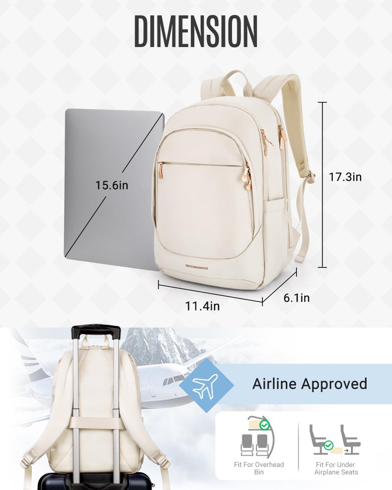 LIGHT FLIGHT Travel Laptop Backpack for Women, 15.6 Inch Backpack with USB Charging Hole, Water Resistant College Bookbag, Large Capacity Black Computer Backpacks for Work, Warm Beige - Image 4