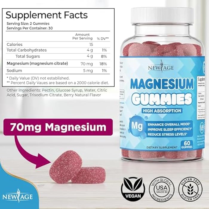 New Age Magnesium Gummies - Calming Anti-Stress Gummies, Magnesium Supplement for Adults and Kids, Vegan, Gelatin-Free, Gluten-Free, Non-GMO, Delicious Natural Raspberry Flavor- 60 Count - by New Age - Image 2