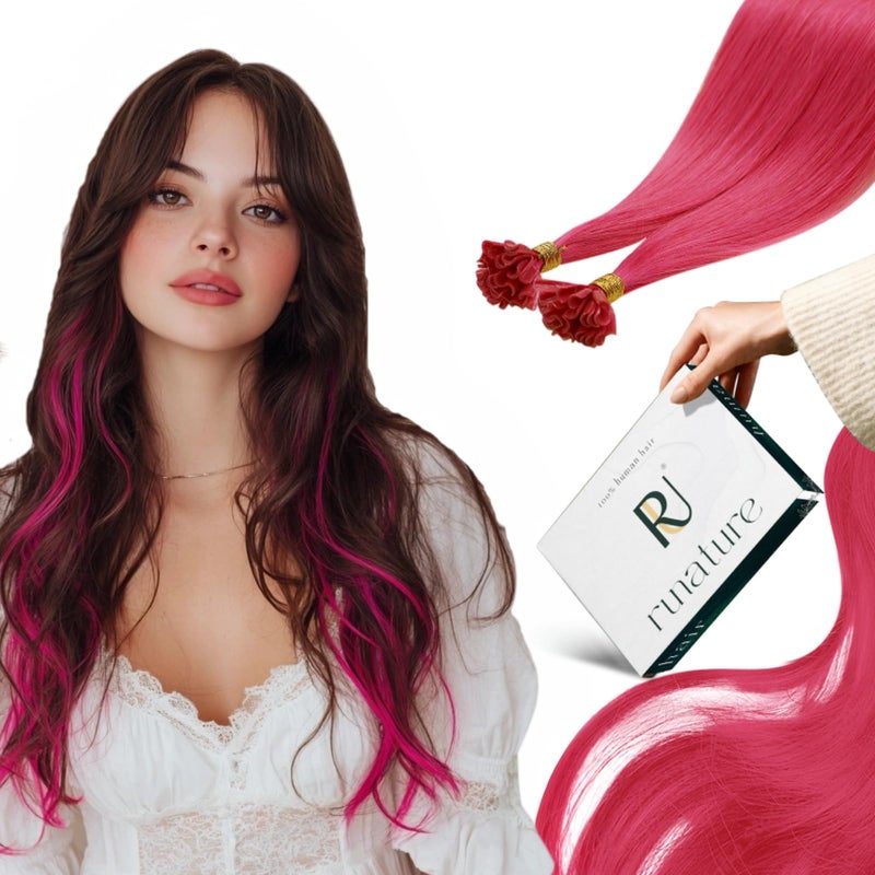 RUNATURE U Tip Hair Extensions Human Hair K Tip Extensions Hot Fusion K Tip Hair Extensions Real Human Hair for Highlight Hot Pink Hair Extensions Prebonded Utip Human Hair Extensions 16 Inch 20g 25s