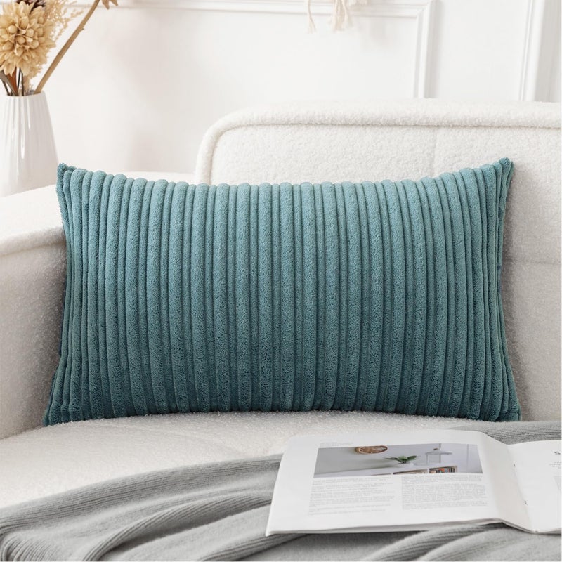 UGS UGASA UGASA 14x24 Inch Pillow Cover Pack of 1 Soft Boho Stripe Corduroy Long Rectangle Lumbar Cushion Case Farmhouse Decorative Throw Pilowcase for Bed, Couch, Sofa, Bedroom, Living Room, Blue Grey - Image 1
