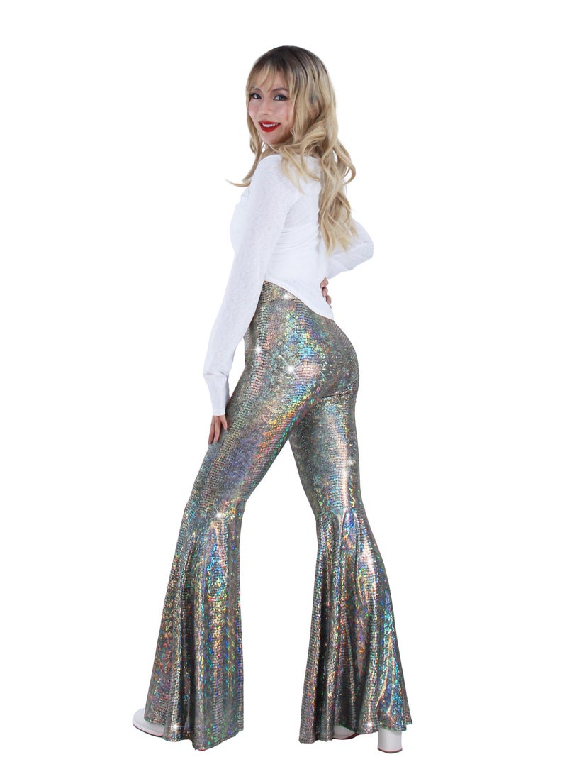 Nawgut Womens Sequin Flare Pant Sparkly High Waisted Leg Bell Bottom Glitter Trousers Night Out Clubwear-Medium Silver - Image 5
