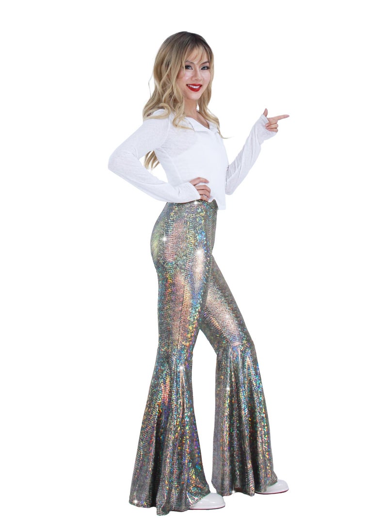Nawgut Womens Sequin Flare Pant Sparkly High Waisted Leg Bell Bottom Glitter Trousers Night Out Clubwear-Medium Silver - Image 4