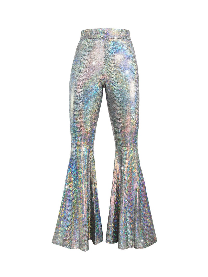 Nawgut Womens Sequin Flare Pant Sparkly High Waisted Leg Bell Bottom Glitter Trousers Night Out Clubwear-Medium Silver - Image 3