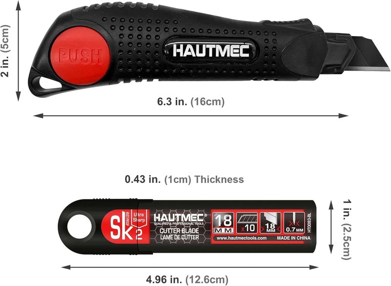 HAUTMEC Pro 18mm Black Auto-Lock Utility Knife Set Including 10pcs Ultra Sharp Black Snap-off Blades in Case, HT0094-KN - Image 3