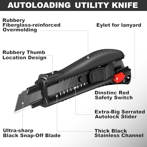 HAUTMEC Pro 18mm Black Auto-Lock Utility Knife Set Including 10pcs Ultra Sharp Black Snap-off Blades in Case, HT0094-KN - Image 2