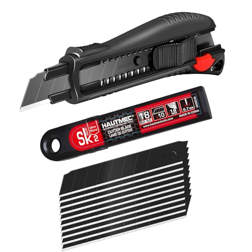 HAUTMEC Pro 18mm Black Auto-Lock Utility Knife Set Including 10pcs Ultra Sharp Black Snap-off Blades in Case, HT0094-KN - Image 1