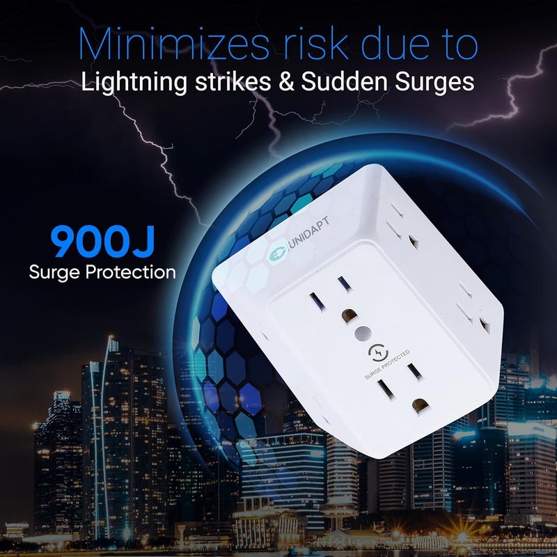 يوني دابت مُطيل منافذ Multi Plug 6، حامي من الصدمات الكهربائية، مقسم لوحة كهربائية بسعة 900 جول، محول بفتحات واسعة على ثلاث جهات، مُوسع شاحنات متعددة، مفتاح جدار قابل للتركيب للاستخدام في المكتب أو المنزل أو أثناء السفر. - Image 5