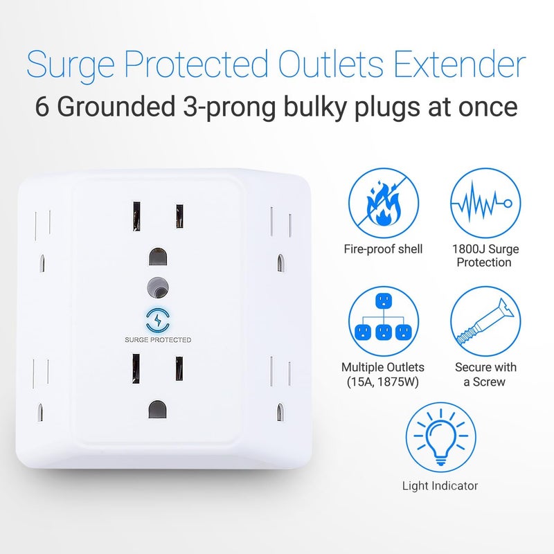 يوني دابت مُطيل منافذ Multi Plug 6، حامي من الصدمات الكهربائية، مقسم لوحة كهربائية بسعة 900 جول، محول بفتحات واسعة على ثلاث جهات، مُوسع شاحنات متعددة، مفتاح جدار قابل للتركيب للاستخدام في المكتب أو المنزل أو أثناء السفر. - Image 2