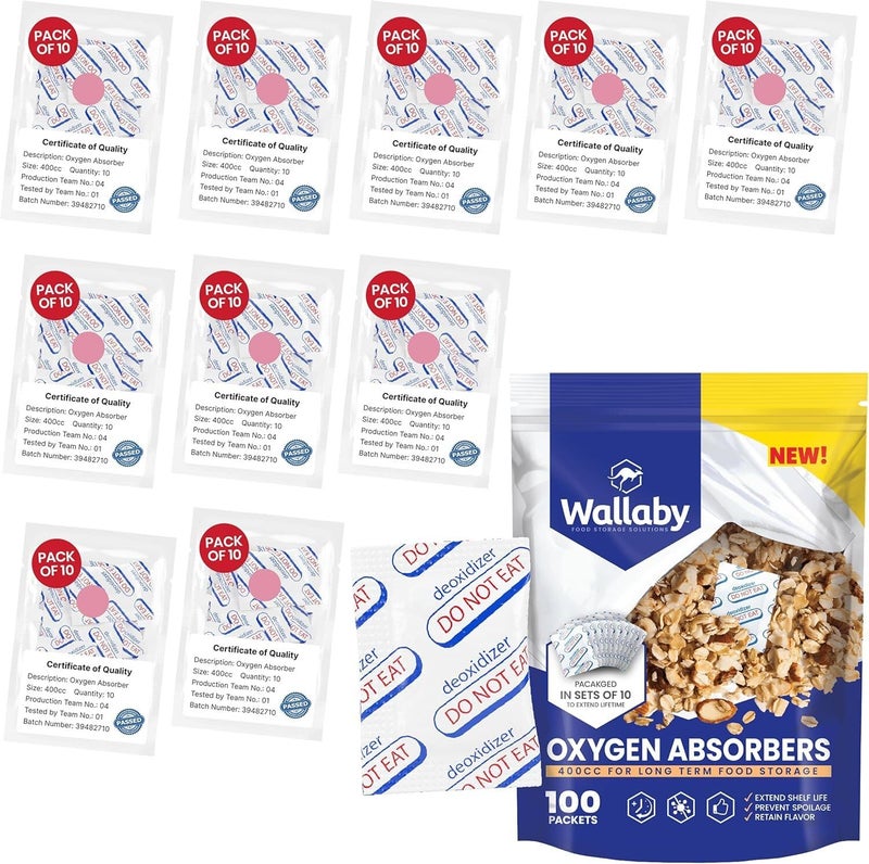 Wallaby 400cc Oxygen Absorbers for Long Term Food Storage 100 count 10 Packs of 10 Bulk  FDA Food Grade Packs for Vacuum Mylar Bag Airtight Container Flour Sugar Cereal Freeze Dryer  Dehydrator