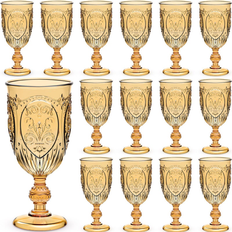 Wiwiqing 24 Pcs Plastic Goblets 75oz Vintage Goblet Plastic Wine Glasses Colored Retro Embossed Water Goblets for Wine Bar Juice Baby Shower Wedding Reception Grand Event Party Amber