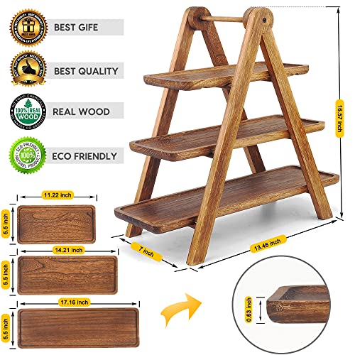 Manspdier Wood 3 Tier Serving Tray Three Tiered Serving Stand, Rectangle Serving Platter Wooden Farmhouse Tiered Tray, Party Serving Brown decorative tray tray decor - Image 4