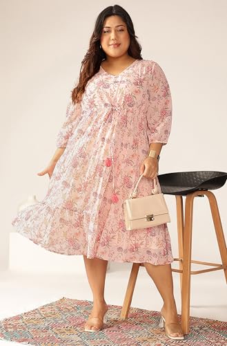 Janasya Women's Plus Size Pink Georgette Floral Printed Tiered Dress (XLA25DR01466-3XL) - Image 2