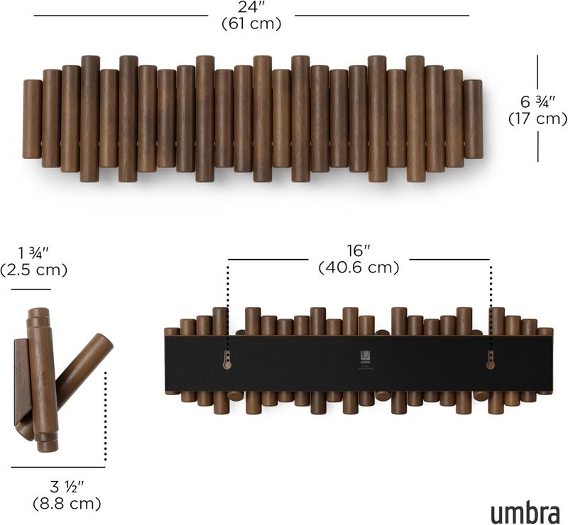 امبرا رف معاطف Umbra Picket مزود بـ 8 خطافات – رف معلق على الحائط مصنوع من خشب الجوز، يحتوي على خطافات خشبية قابلة للطي لأسفل؛ يُستخدم لتخزين الجاكيتات، القبعات، الأوشحة، والحقائب، ويناسب المداخل وغرف النوم وغرف المعيشة. - Image 3