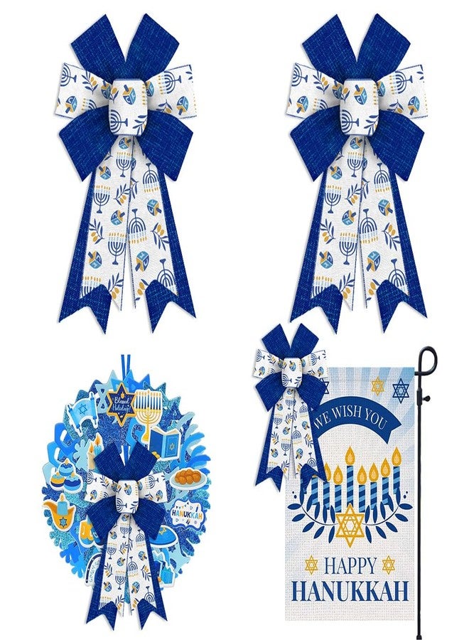 Threetols 2PCS Hanukkah Bows for Wreath, Jewish Christmas Blue Wreath Bows Rustic Farmhouse Bows for Front Door Wall Ornaments Menorah Dreidel Decorations Bows for Chanukah Home Indoor Outdoor Decor - Image 1