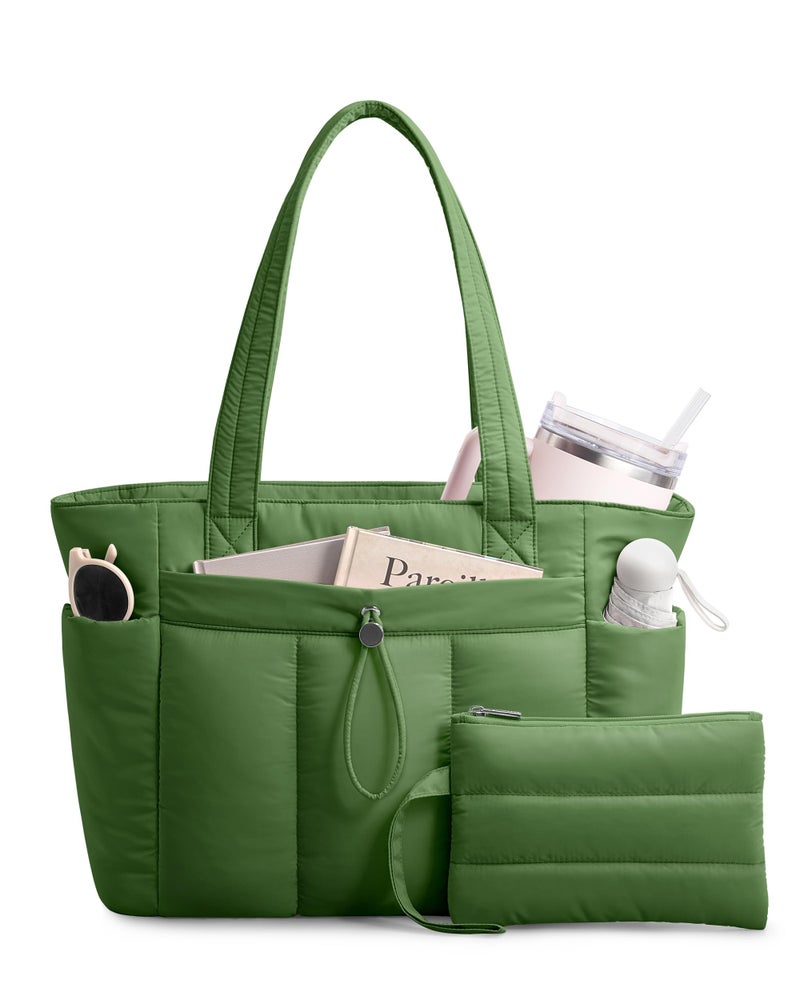 TOPDesign Puffy Tote Bag for Women with Cup Holder & Laptop Compartment & Cosmetic Bag & Trolley Sleeve for Work, Travel (M Green) - Image 1
