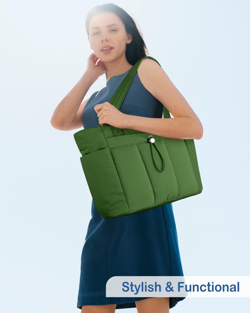 TOPDesign Puffy Tote Bag for Women with Cup Holder & Laptop Compartment & Cosmetic Bag & Trolley Sleeve for Work, Travel (M Green) - Image 3