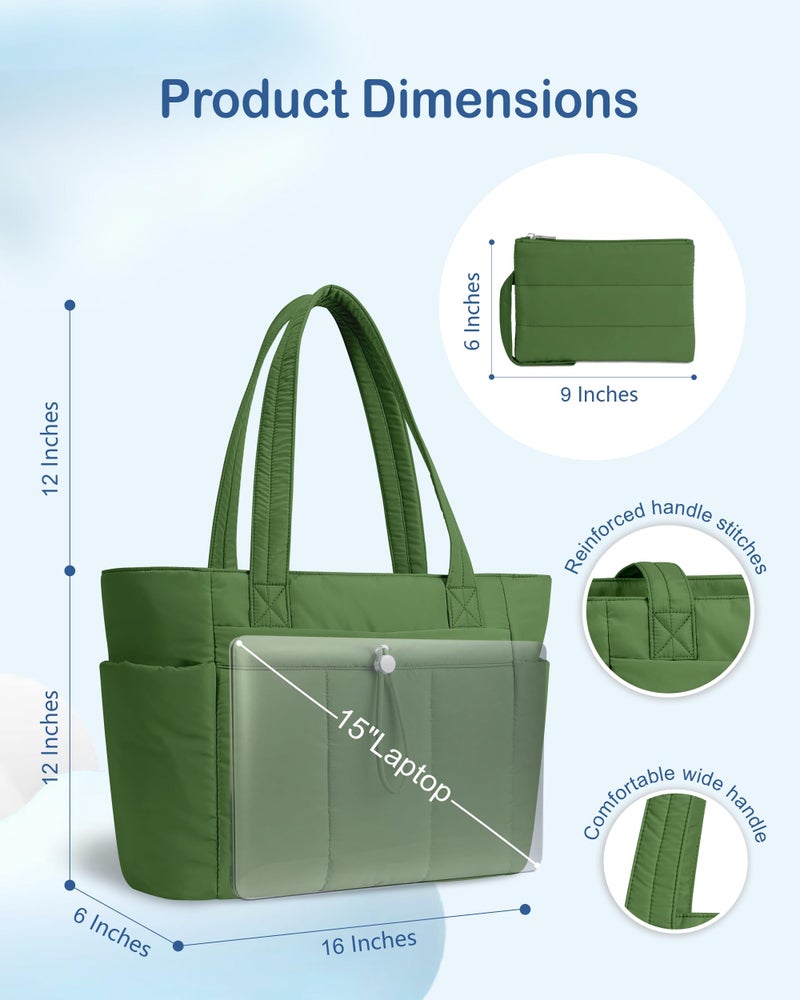 TOPDesign Puffy Tote Bag for Women with Cup Holder & Laptop Compartment & Cosmetic Bag & Trolley Sleeve for Work, Travel (M Green) - Image 5
